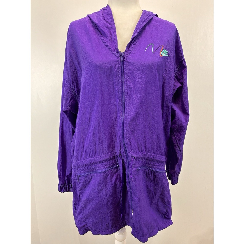 Vtg Nike Windbreaker Jacket Sz Medium Womens Purple Hood Mid Length 90's Nylon